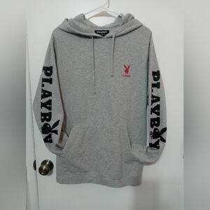 Playboy X PacSun pullover Logo Fleece Gray Hooded sweatshirt Kangaroo Pocket L